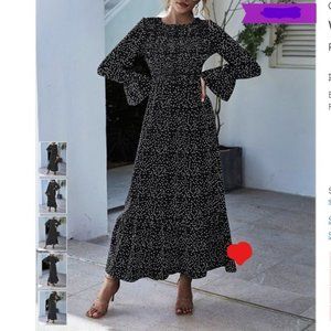 Pin-dot Long Sleeve Ruffle Hem Maxi Dress NEW